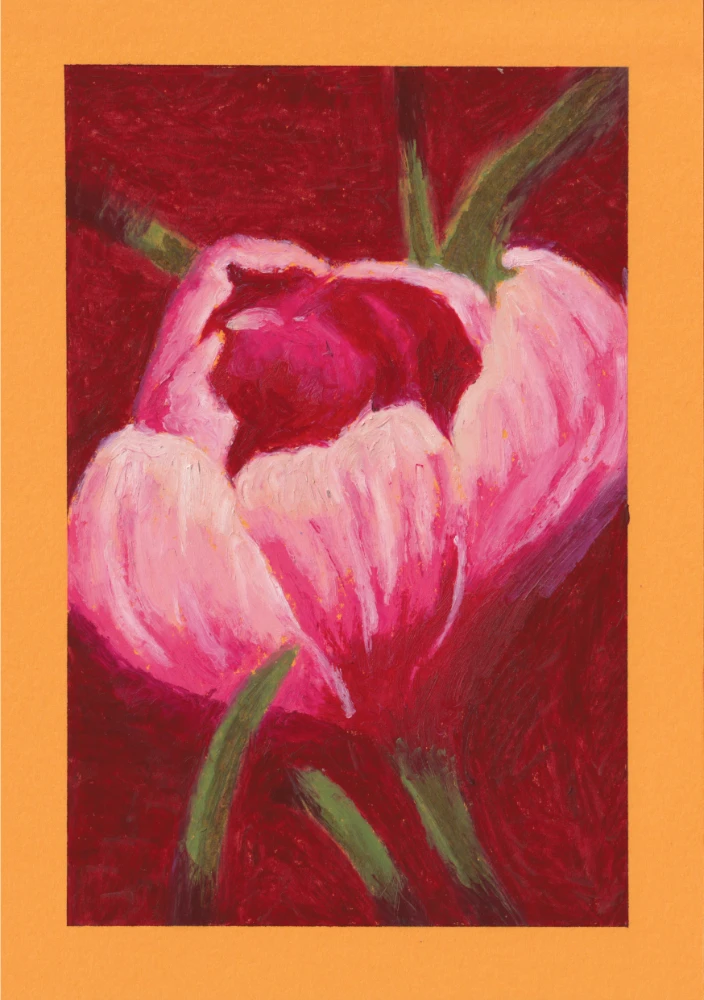 "Crocus #1" – Pastel à l'huile sur papier orange, format A5.