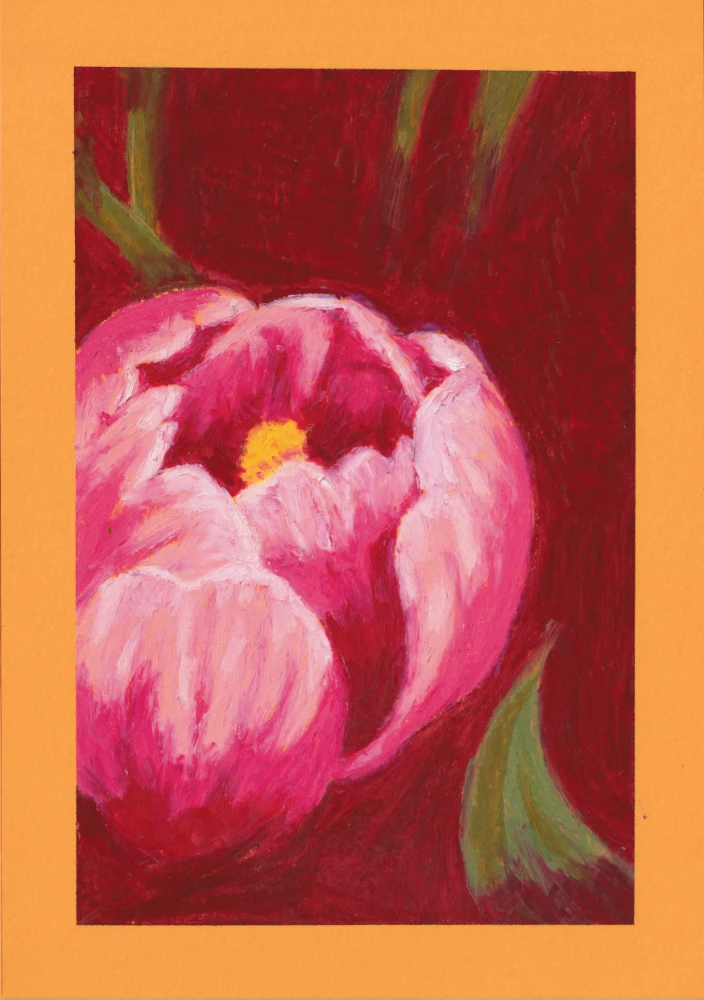 "Crocus #2" – Pastel à l'huile sur papier orange, format A5.