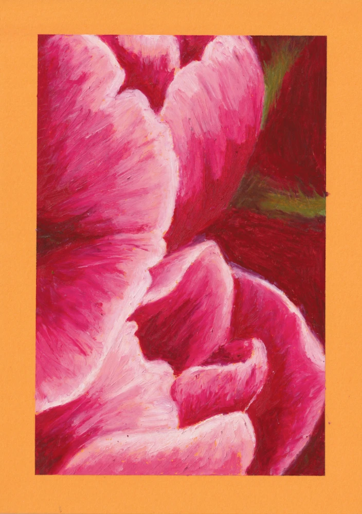 "Crocus #3" – Pastel à l'huile sur papier orange, format A5.