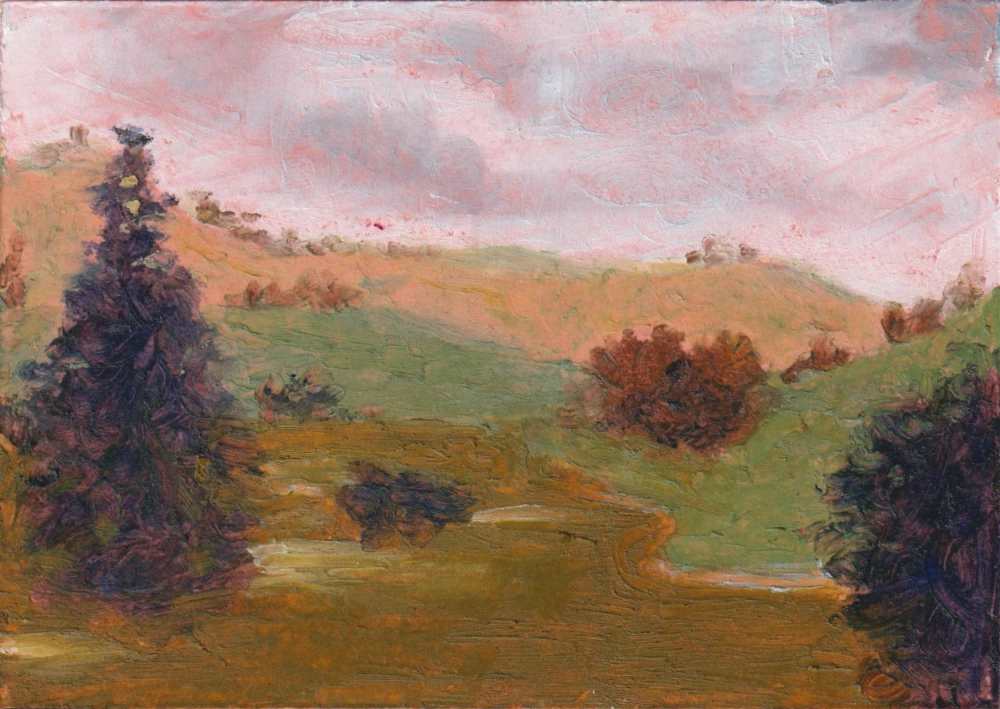 Mini paysage de Corrèze, pastel à l'huile, format A8.